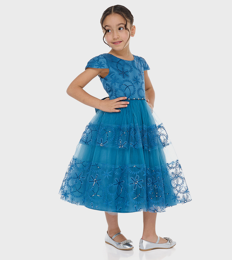 Lace Detail Cap Sleeves Tulle Dress