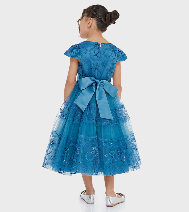 Lace Detail Cap Sleeves Tulle Dress
