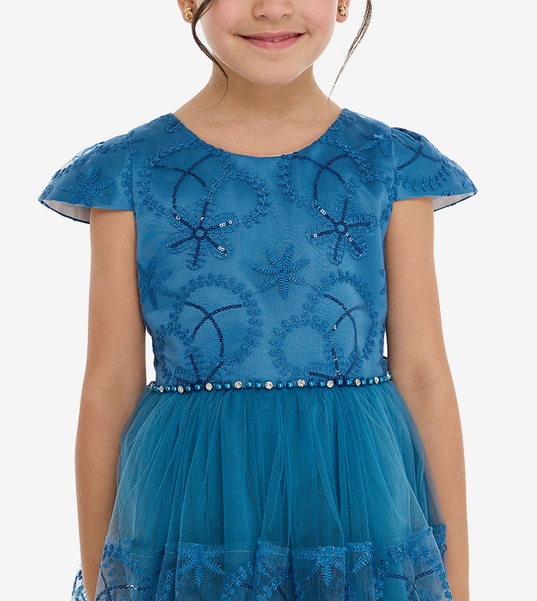 Lace Detail Cap Sleeves Tulle Dress