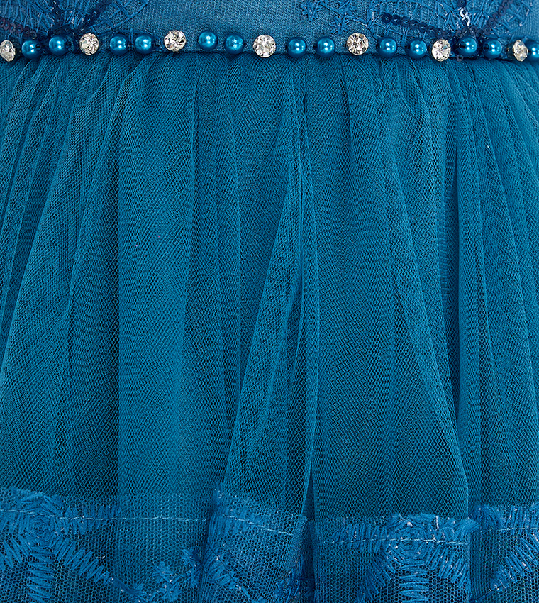 Lace Detail Cap Sleeves Tulle Dress