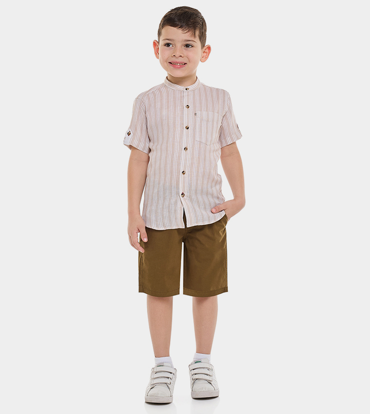 Striped Mandarin Collar Shirt & Shorts Set
