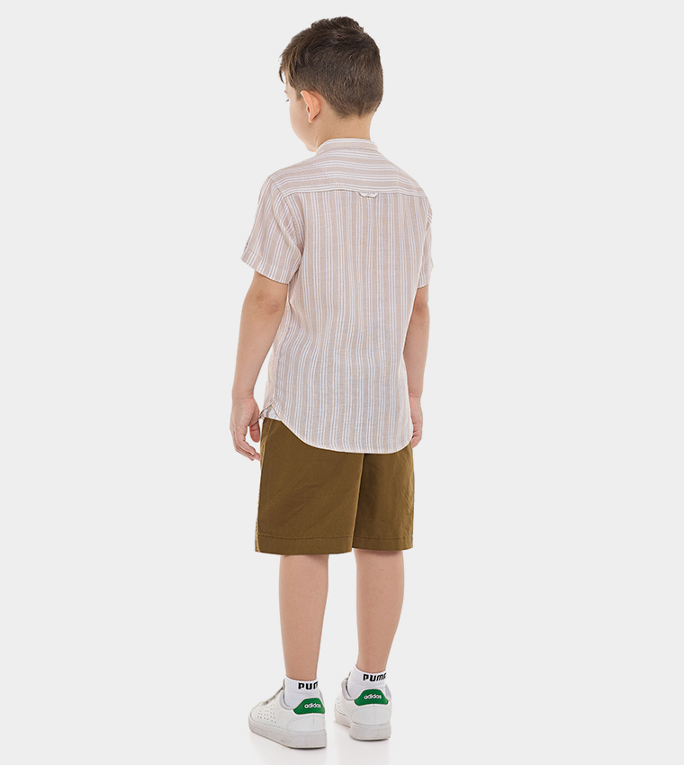 Striped Mandarin Collar Shirt & Shorts Set