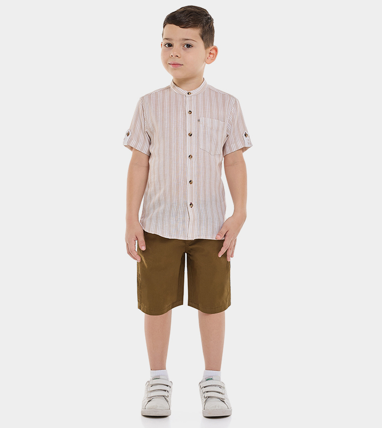 Striped Mandarin Collar Shirt & Shorts Set