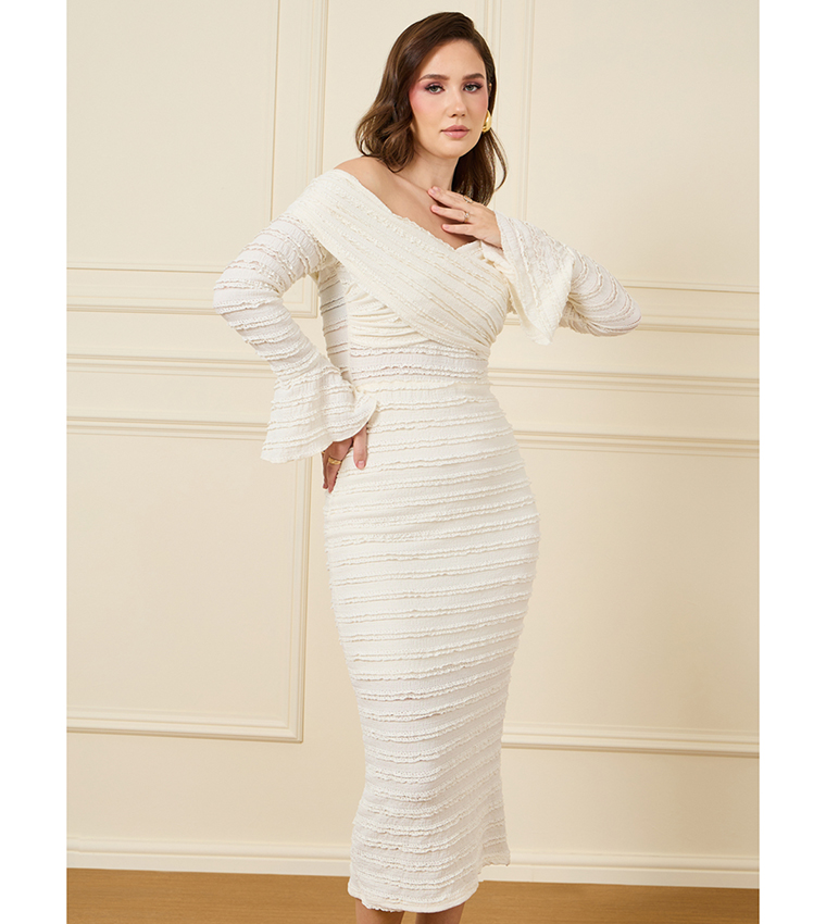 Ruffled Lace Insert Off Shoulder Neck Midi Dress