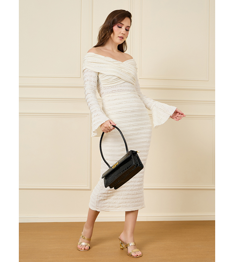 Ruffled Lace Insert Off Shoulder Neck Midi Dress