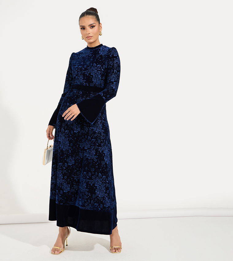 Jacquard Velvet Maxi Dress with Bell Sleeves