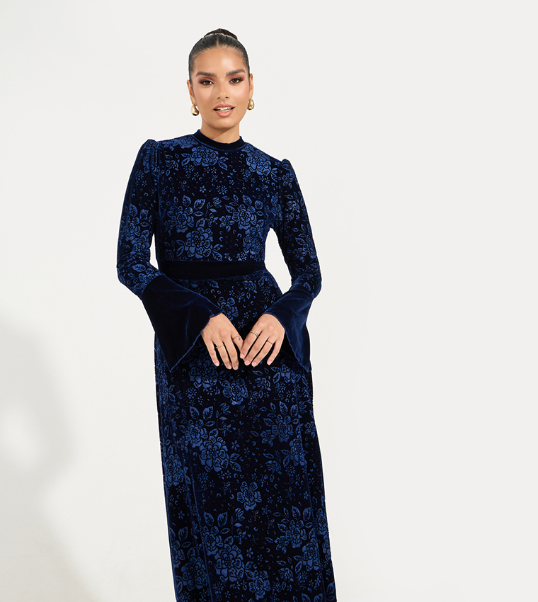Jacquard Velvet Maxi Dress with Bell Sleeves