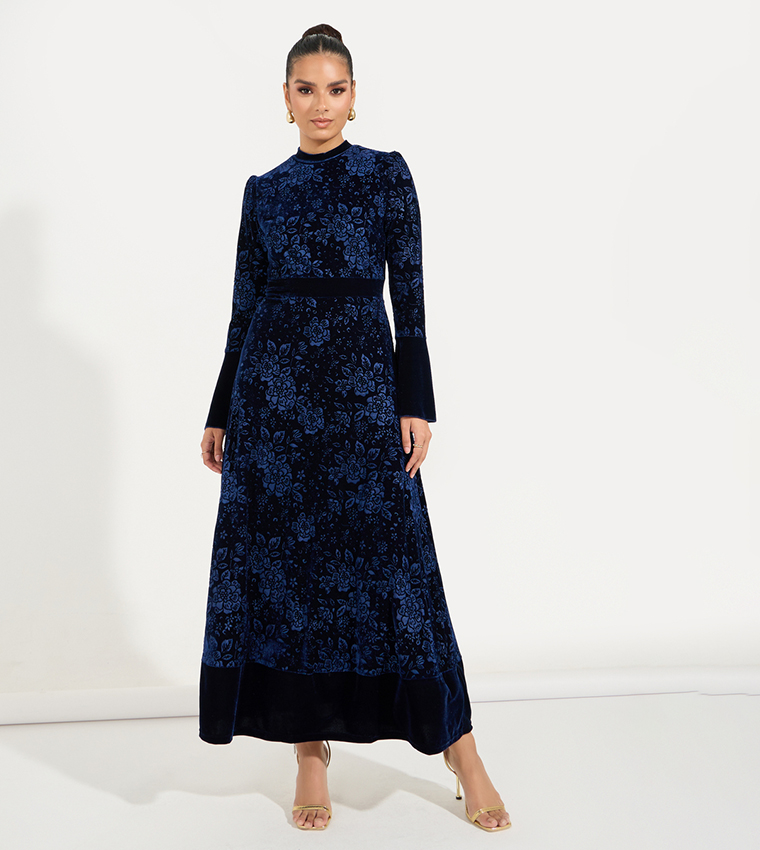 Jacquard Velvet Maxi Dress with Bell Sleeves