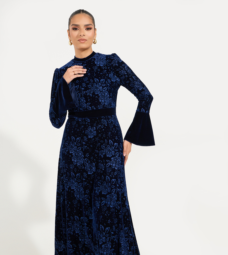 Jacquard Velvet Maxi Dress with Bell Sleeves
