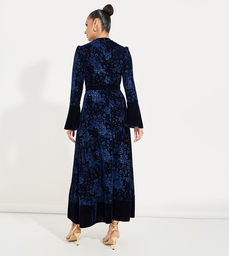 Jacquard Velvet Maxi Dress with Bell Sleeves