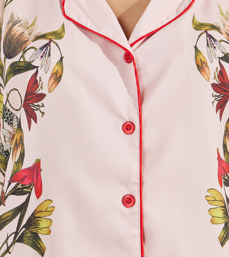 Satin Floral Print Piped Trim Detail Shirt Pajama Set