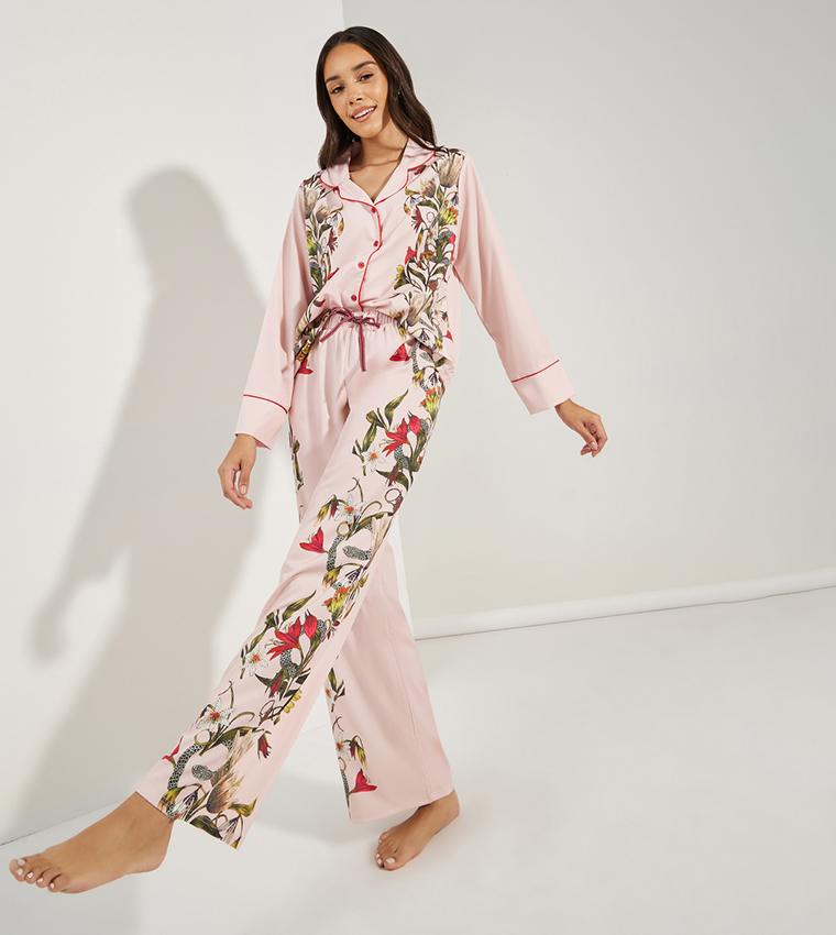 Satin Floral Print Piped Trim Detail Shirt Pajama Set