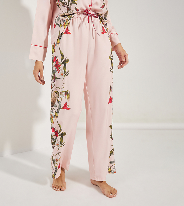 Satin Floral Print Piped Trim Detail Shirt Pajama Set