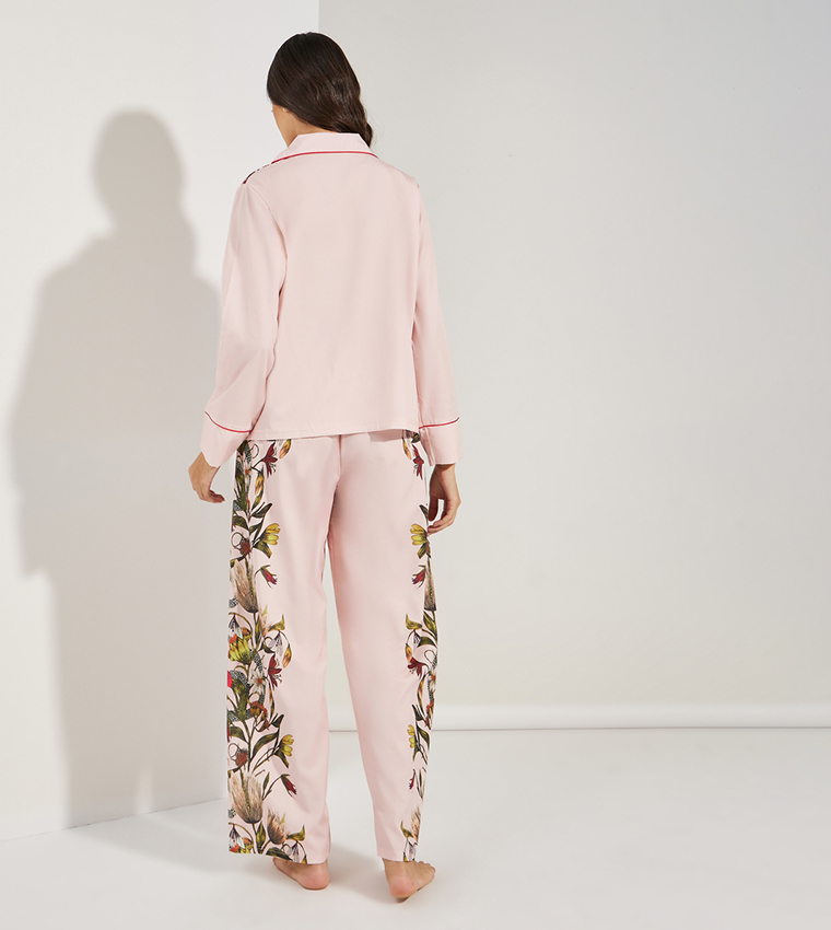 Satin Floral Print Piped Trim Detail Shirt Pajama Set