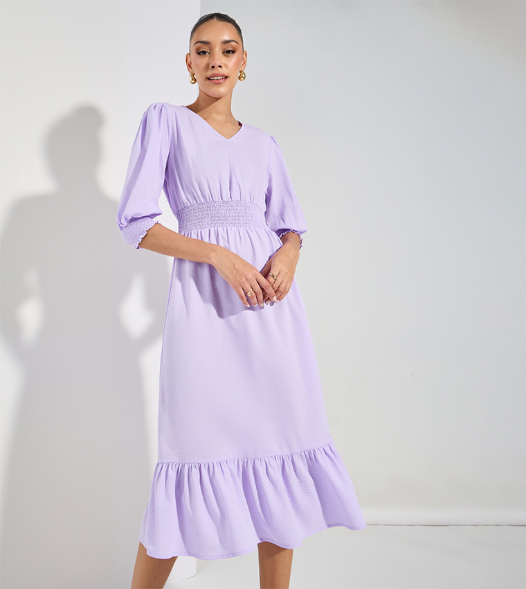 Textured V-Neck A-Line Midi Dress