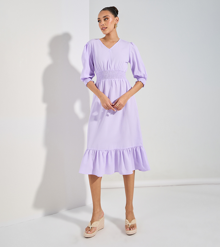Textured V-Neck A-Line Midi Dress