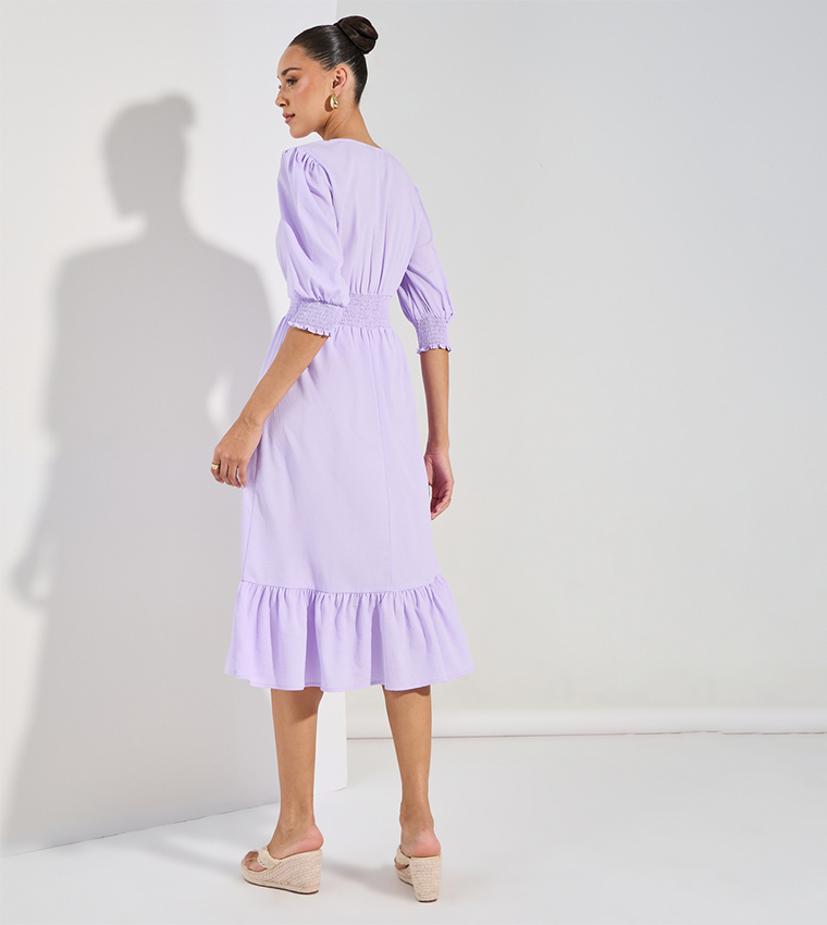 Textured V-Neck A-Line Midi Dress