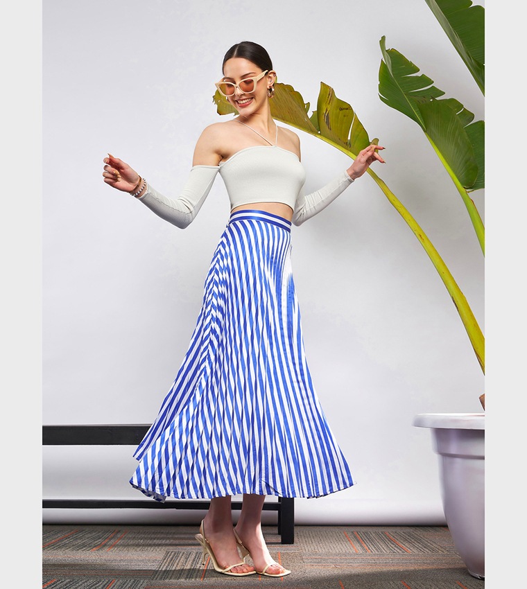 Buy Sassafras Striped Pleated A Line Maxi Skirt In Blue