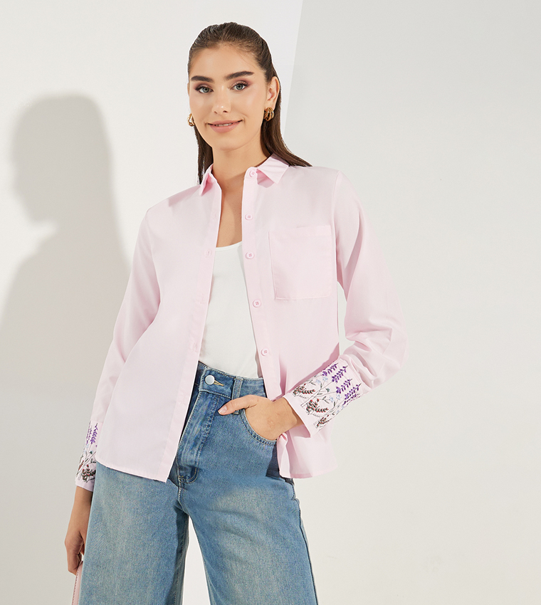 Embroidery Cuff Detail Long Sleeves Shirt