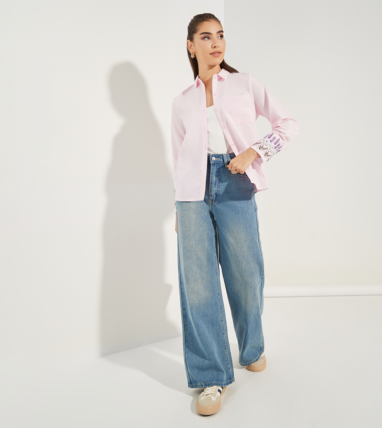 Embroidery Cuff Detail Long Sleeves Shirt