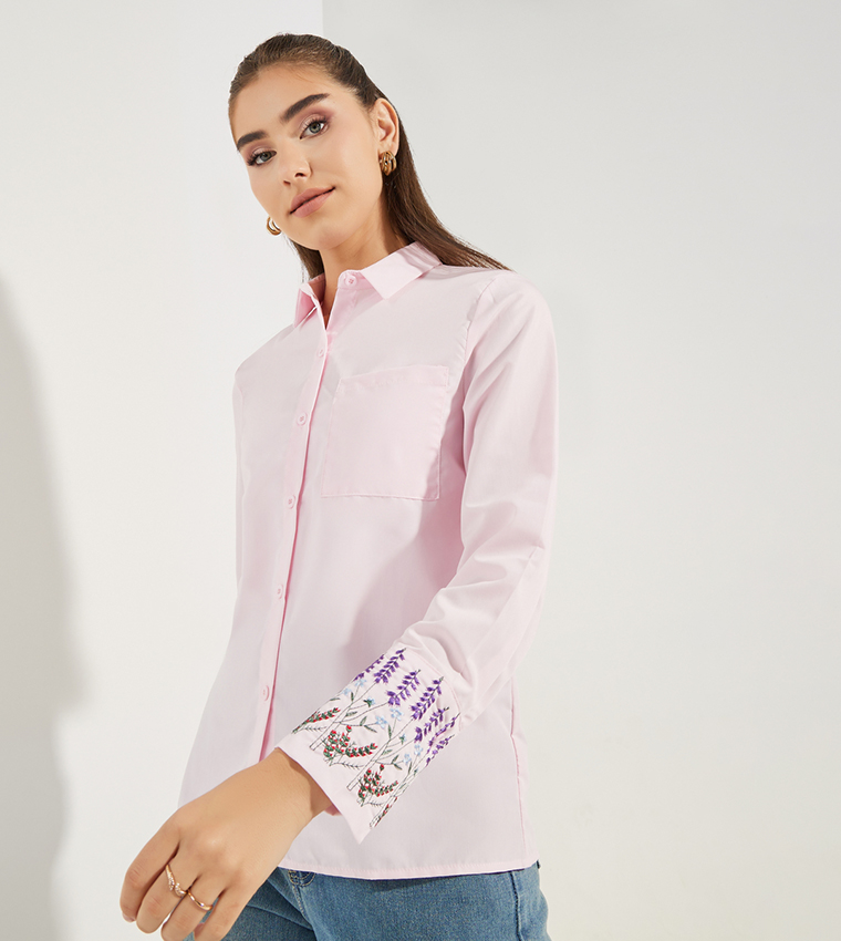Embroidery Cuff Detail Long Sleeves Shirt