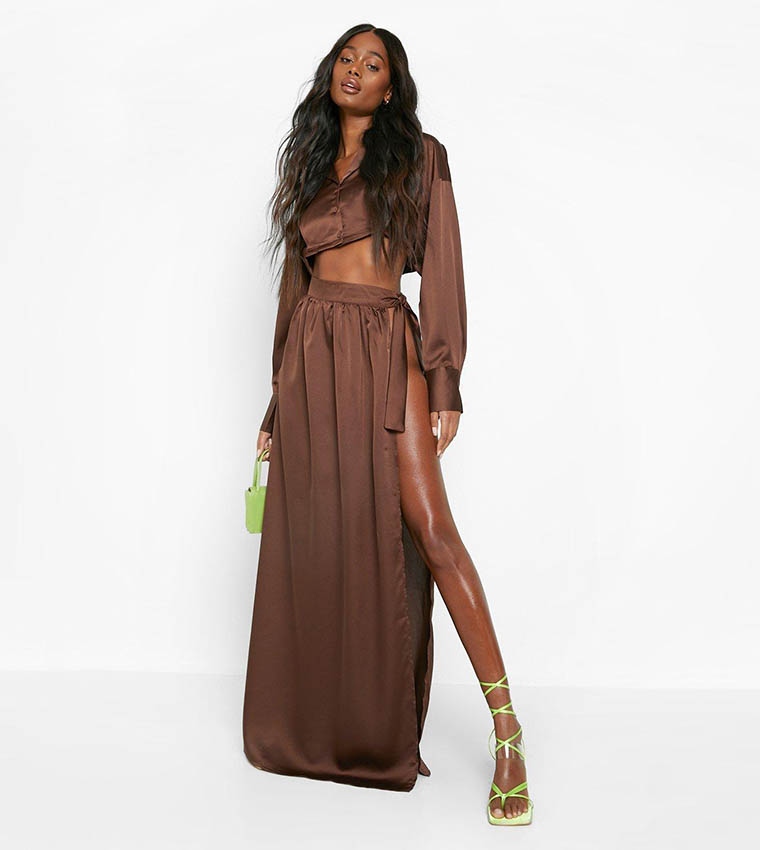 Buy Boohoo Satin Beach Maxi Sarong Skirt In Brown | 6thStreet Saudi Arabia