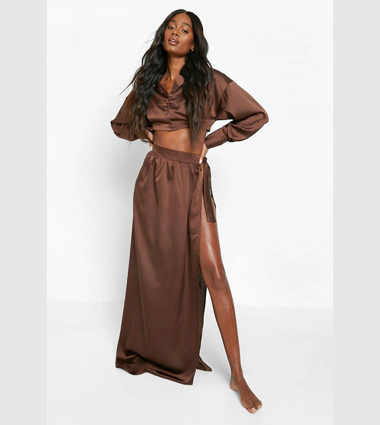 Buy Boohoo Satin Beach Maxi Sarong Skirt In Brown | 6thStreet Saudi Arabia