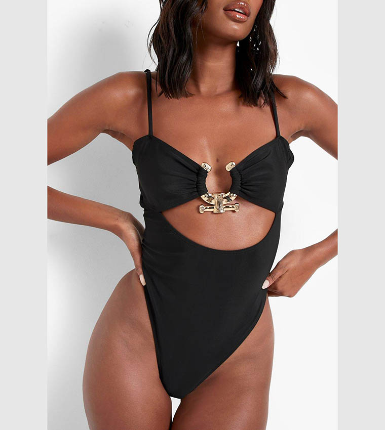 Buy Boohoo Gold Trim Cut Out Strappy Swimsuit In Black
