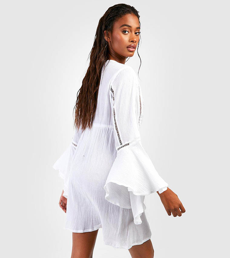 Buy Boohoo Tie Detail Frill Sleeves Beach Mini Dress In White