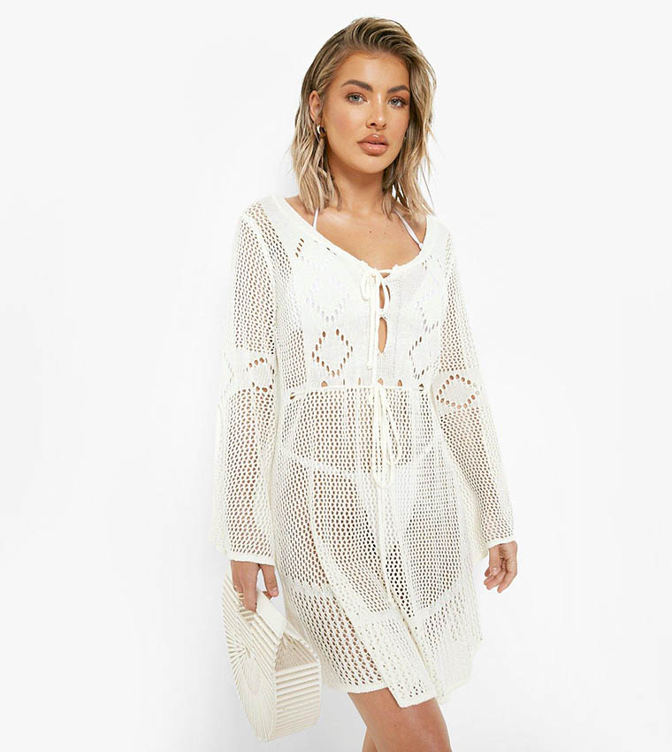 boohoo white crochet dress boohoo Women's Cotton Ruffle Crochet Smock Mini Dress