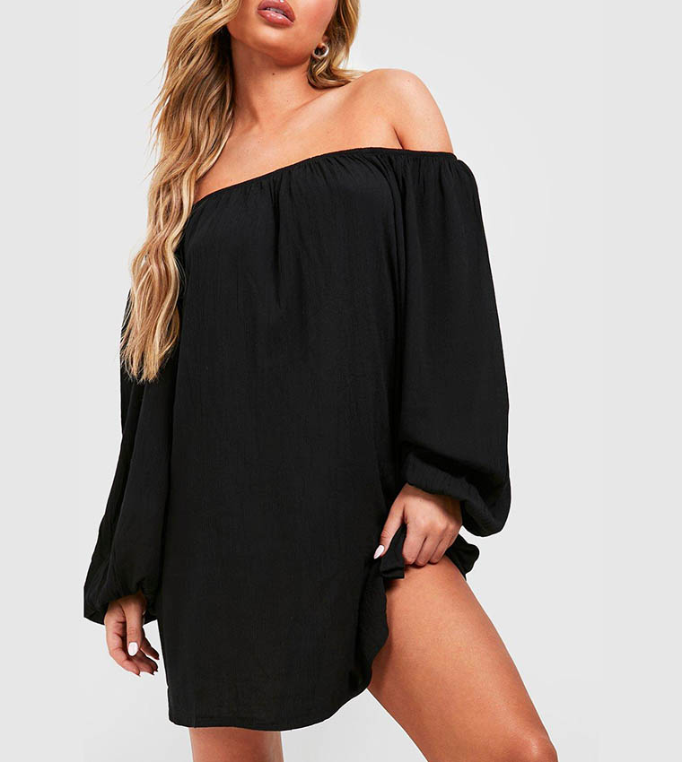 Buy Boohoo Cheesecloth Bardot Beach Mini Dress In Black 6thStreet Kuwait