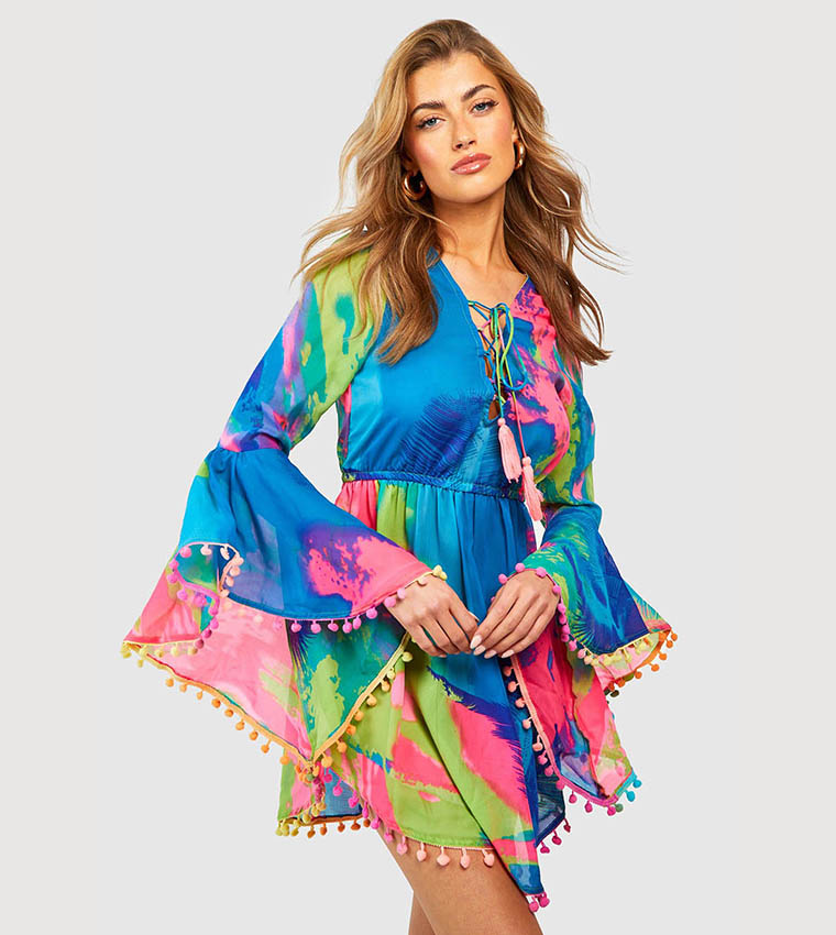 Buy Boohoo Neon Tropical Pom Beach Dress In Multiple Colors 6thStreet Oman