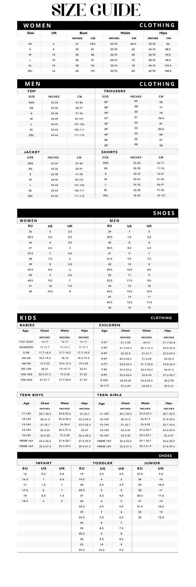 Dune Shoes Size Chart