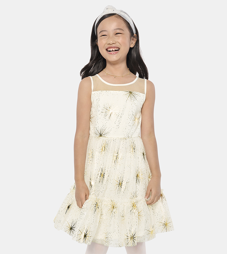 Girls Foil Star Mesh Tiered Dress