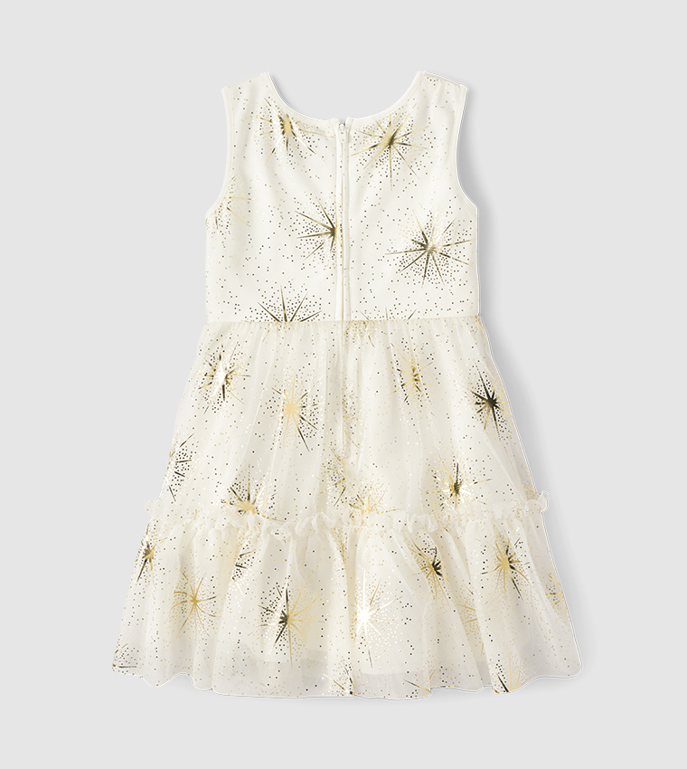 Girls Foil Star Mesh Tiered Dress