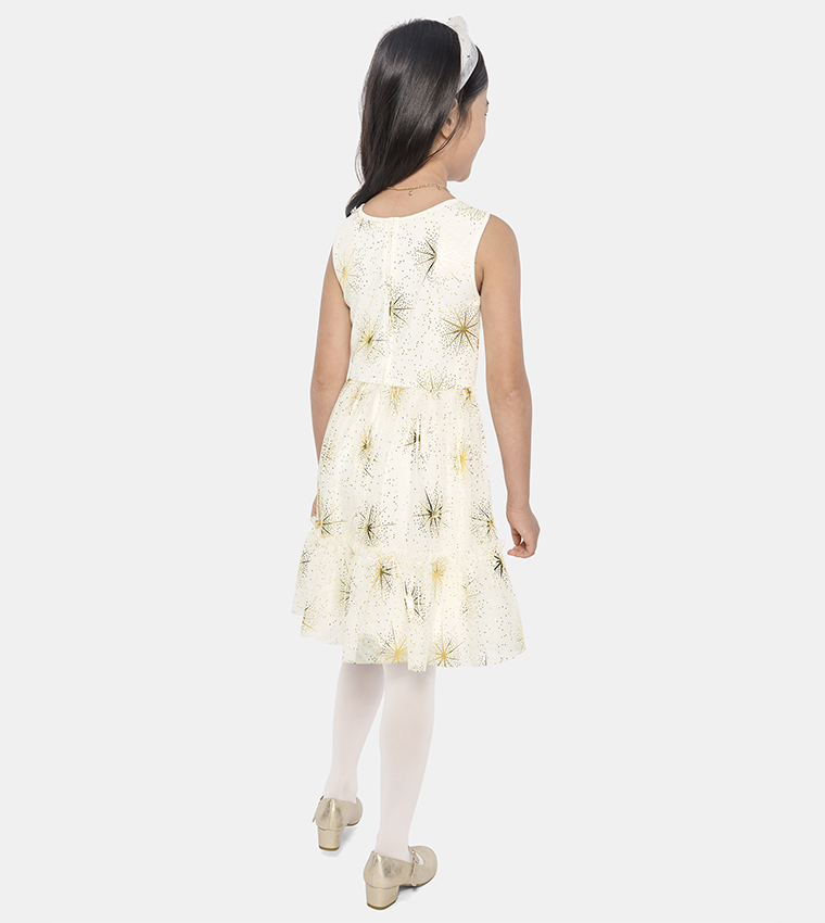 Girls Foil Star Mesh Tiered Dress