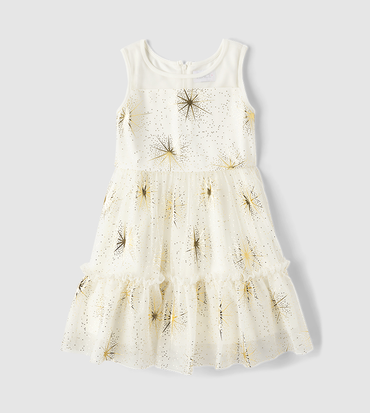 Girls Foil Star Mesh Tiered Dress