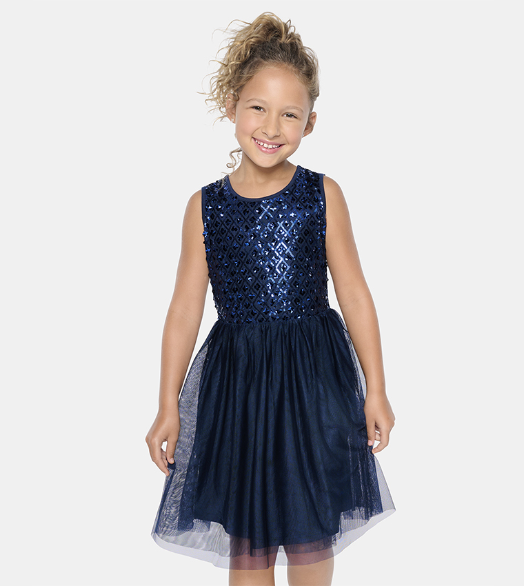 Girls Sequin Mesh Fit And Flare Dress