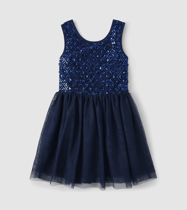 Girls Sequin Mesh Fit And Flare Dress