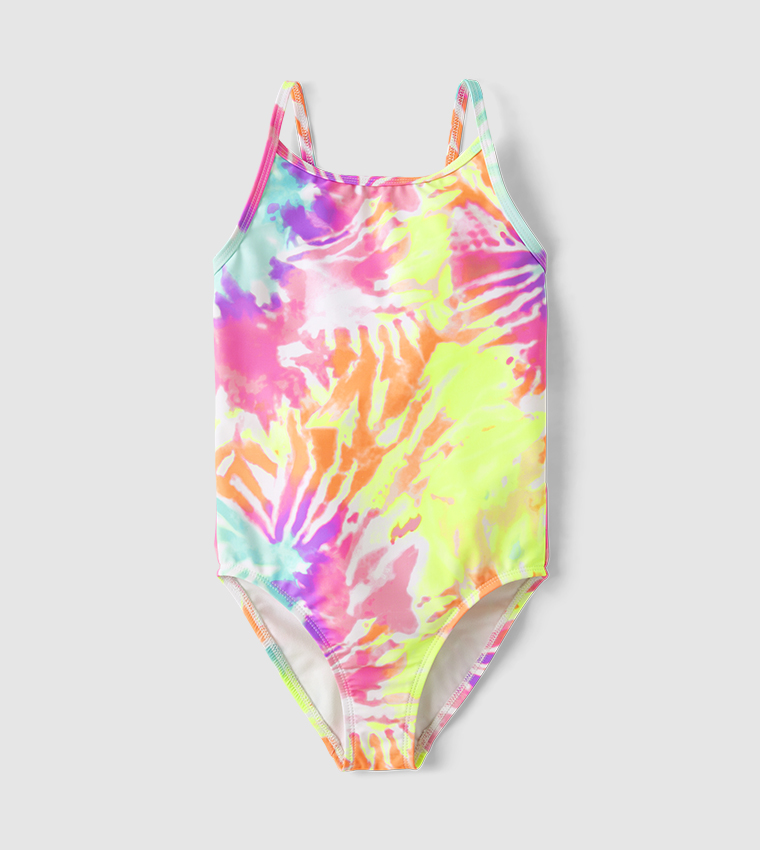 Girls Rainbow Tie Dye Cutout One Piece Swimsuit