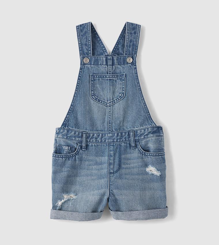 Girls Distressed Roll Cuff Denim Shortalls