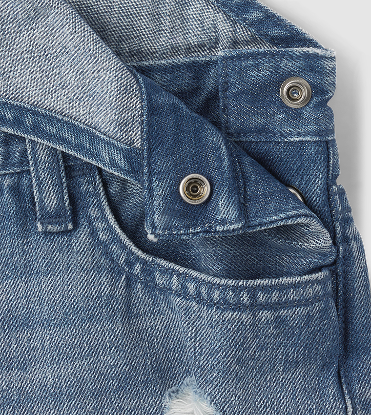 Girls Distressed Roll Cuff Denim Shortalls