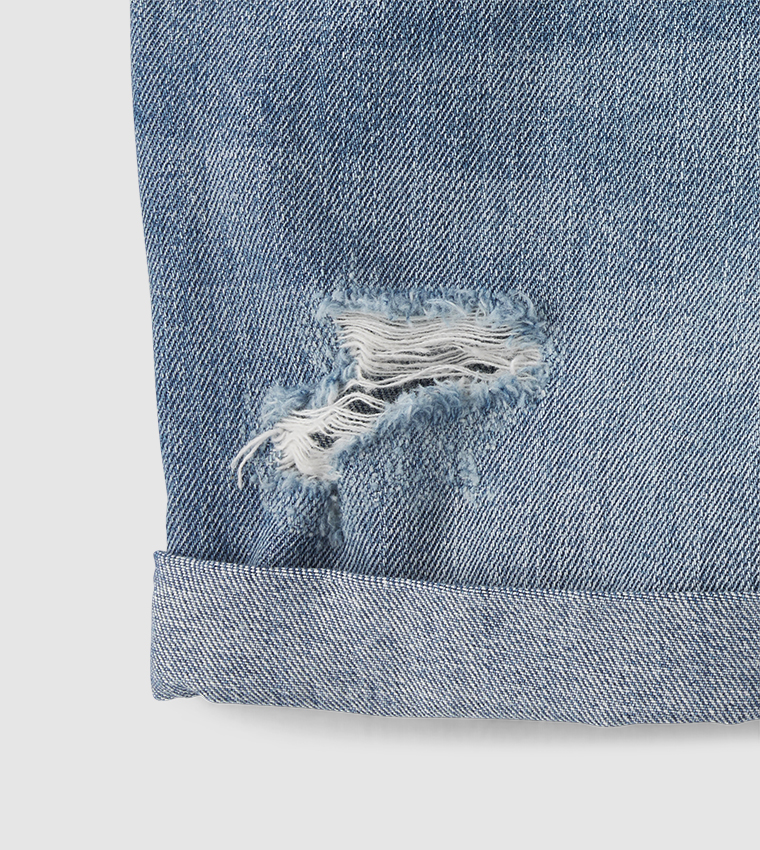 Girls Distressed Roll Cuff Denim Shortalls