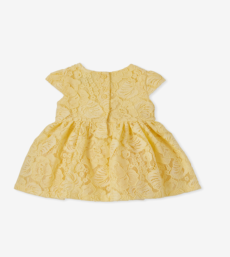 Lace Fit And Flare Dress Cap Sleeves - Yellow