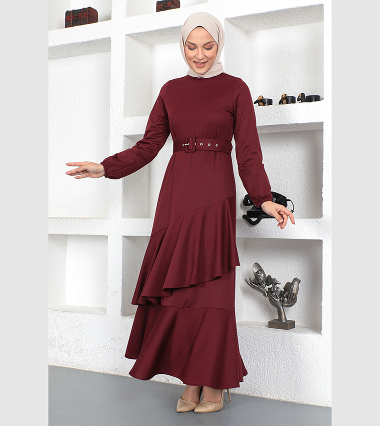 Buy Tesettr Dnyas Belted Layered Maxi Dress In Burgundy | 6thstreet Qatar