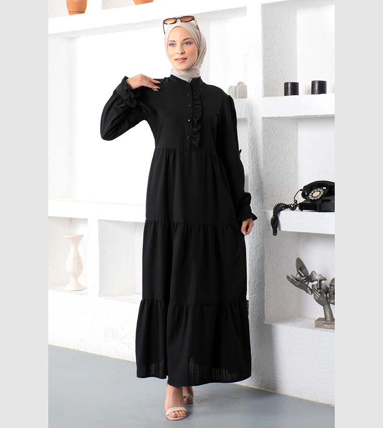 Solid Bishop Sleeves Tiered Dress