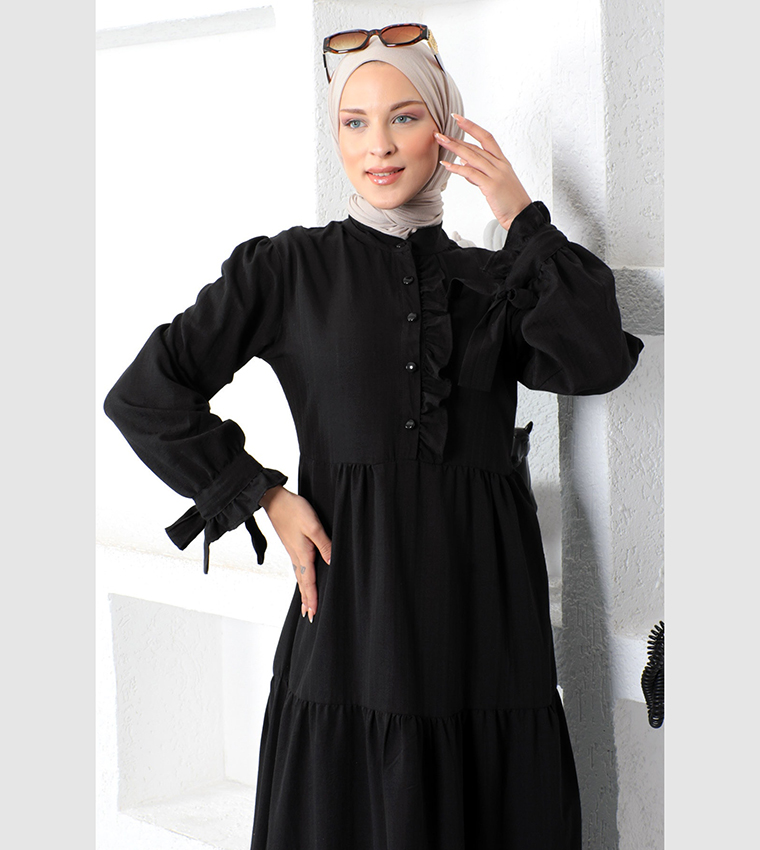 Solid Bishop Sleeves Tiered Dress