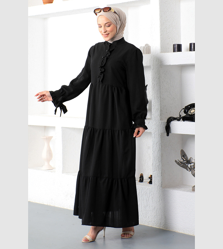 Solid Bishop Sleeves Tiered Dress