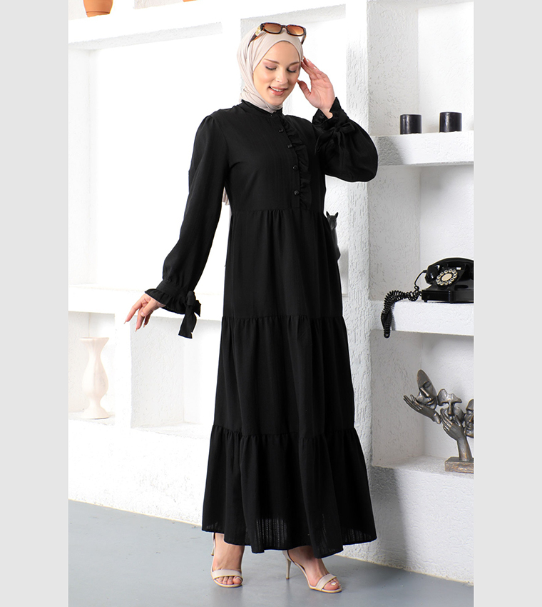 Solid Bishop Sleeves Tiered Dress