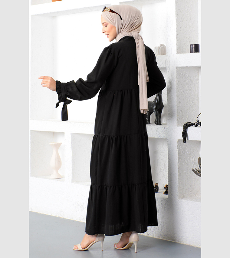 Solid Bishop Sleeves Tiered Dress